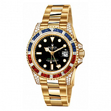 Rolex GMT-Master II Yellow Gold Diamonds Sapphires Rubies Black Dial 116758 SARU